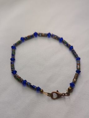 Cobalt Blue Glass Bead Bracelet with Cloisonné Accent